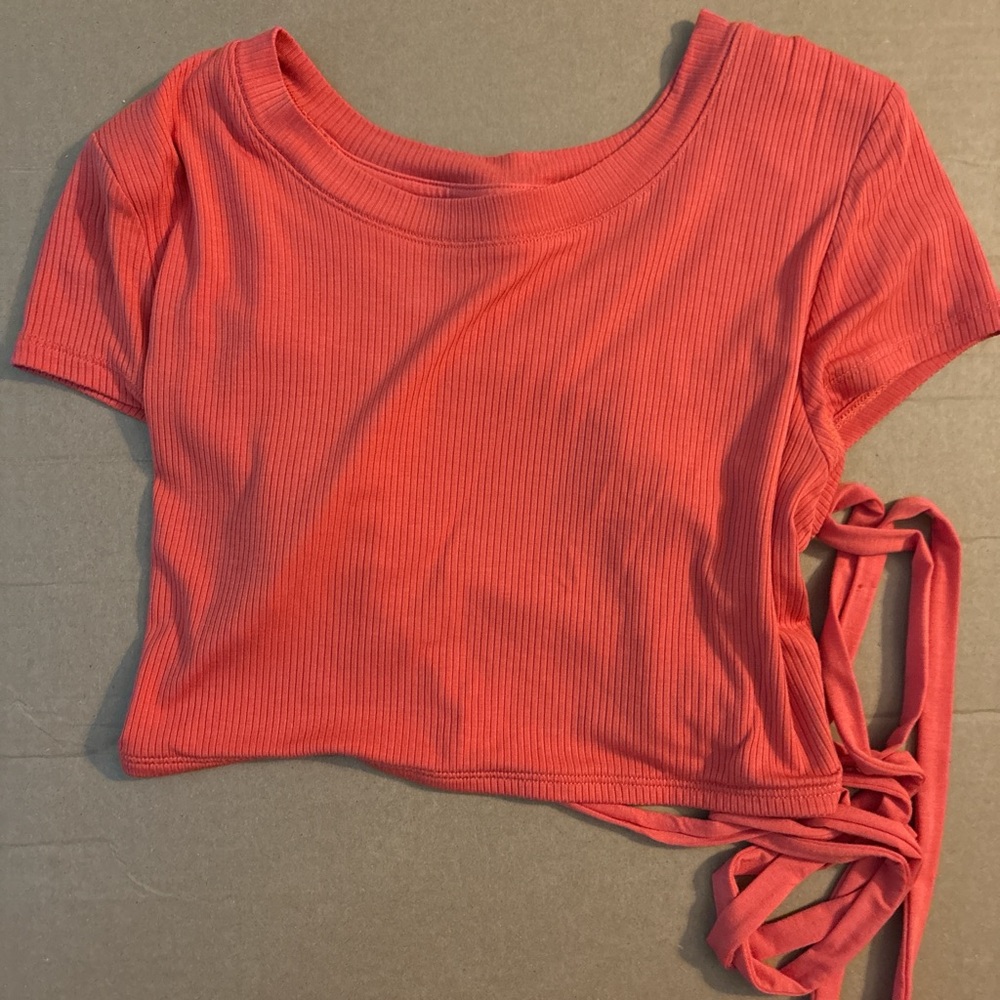 Coral Ribbed Tie Crop Top